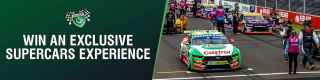 Banner text reads - &amp;#34;Win an exclusive supercar experience&amp;#34; with an image of supercars lined up at poll position